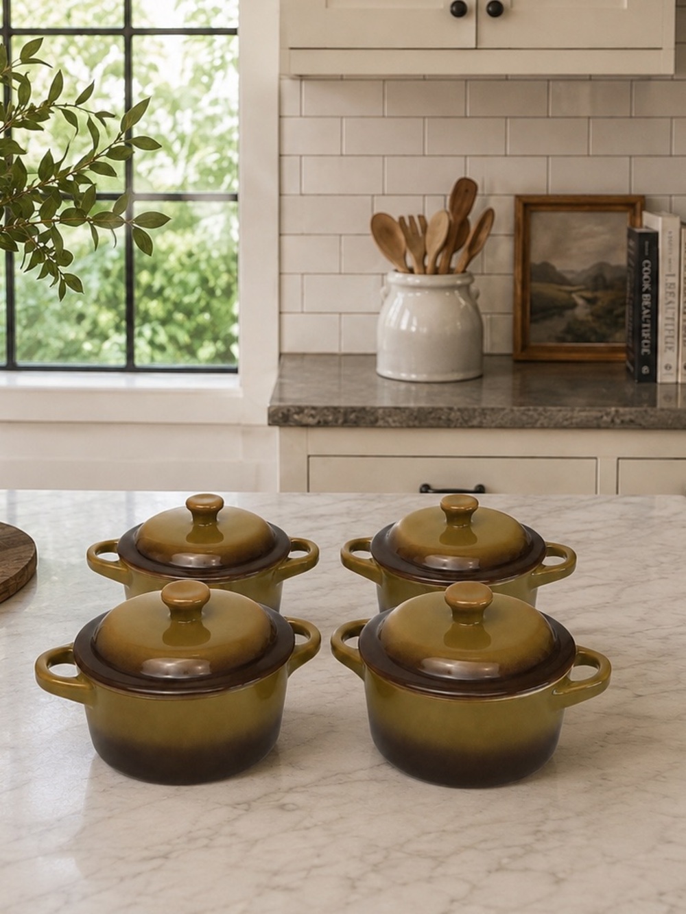World Market Olive Green and Brown Mini Stoneware Casserole Set (4)